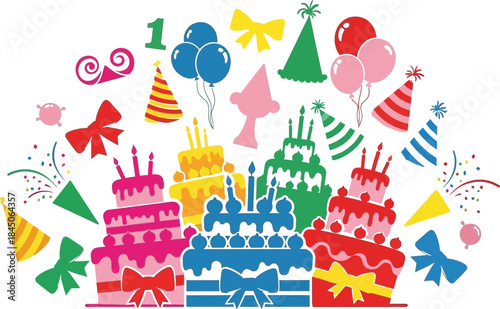 Vibrant birthday celebration with colorful cakes and decorations