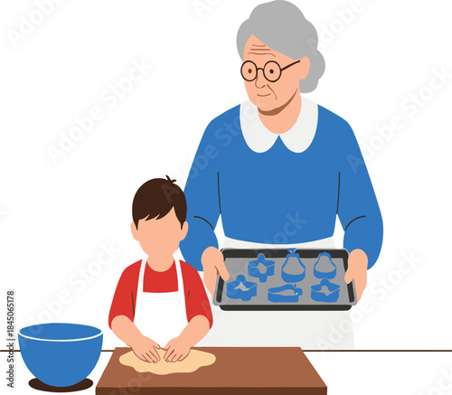 Grandmother and Child Baking Cookies Flat Vector Illustration for Family Hobby Intergenerational Bonding and Dessert Preparation.