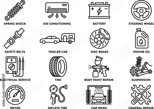Car service and auto repair outline icon set, vehicle maintenance symbols for workshop, garage, mechanical service vector illustration collection