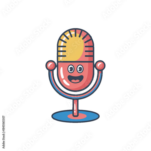 Cute retro microphone mascot icon with smiling face colorful outline and stand on white background podcast radio recording and streaming symbol for music app logo stickers and merch