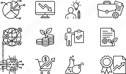 Business strategy icons set, analytics growth innovation finance technology management investment sustainability, minimal line vector illustration for web app design
