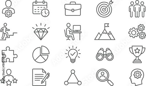 Business success and management line icon set featuring goals strategy teamwork planning productivity achievement analytics leadership growth concepts