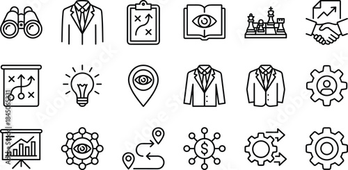 Business strategy and leadership line icons set illustrating vision planning analytics decision making growth management teamwork corporate success