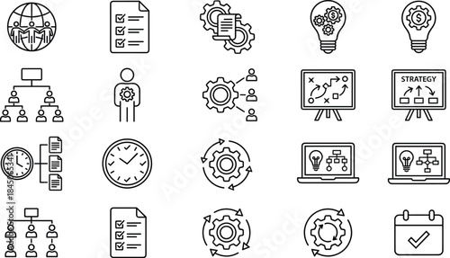 Business strategy and management line icon set featuring workflow planning analytics teamwork innovation process optimization concepts technology