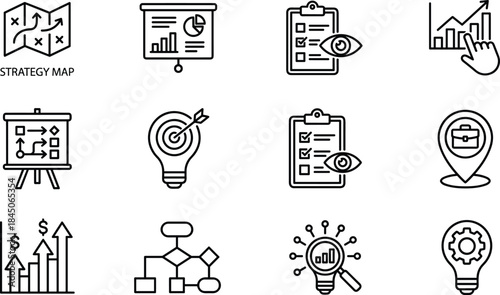 Business strategy and analytics line icons set illustrating planning performance growth reporting insights decision making management concept