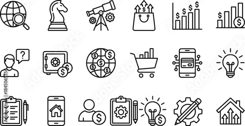 Business strategy and finance line icons set, global commerce, growth analytics, ecommerce, innovation, investment, marketing, management, vector illustration, collection