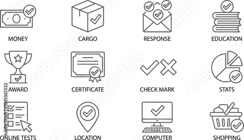 Business approval line icons set for money cargo response education certificate stats online tests shopping computer location