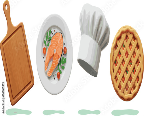 Set of Cooking and Baking Elements Vector Illustration Including Cutting Board Salmon Steak Chef Hat and Pie.