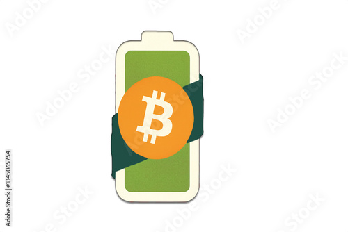 Full green battery icon with bitcoin symbol overlay showing cryptocurrency charge level for mining investment app ui fintech sticker power indicator energy savings concept and mobile banner