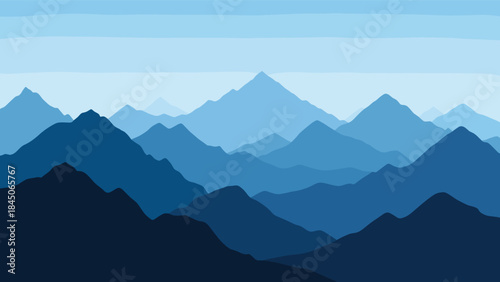 Beautiful layered mountain landscape illustration with blue gradient hills, tranquil nature scenery, peaceful outdoor background, minimalist silhouette art design