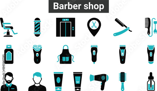 Barber shop line icons set, haircut tools, grooming equipment, salon services, male hairstyle, shaving accessories, vector illustration collection