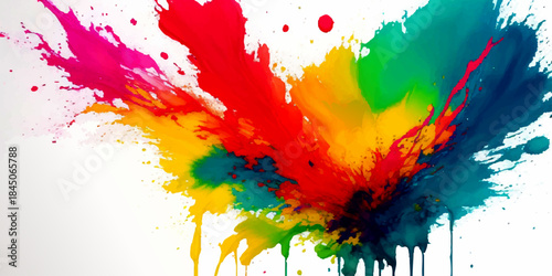 Explosive Abstract Paint Splash on White. Vibrant Rainbow Liquid Ink Burst with Drips. Colorful Red Yellow Blue & Pink Grunge Texture for Modern Graphic Design.