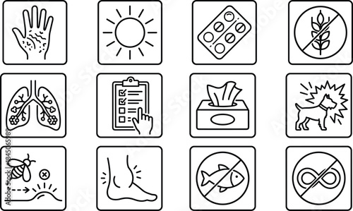 Allergy triggers and symptoms line icons set showing skin rash lungs pills food intolerance medical healthcare prevention vector illustration
