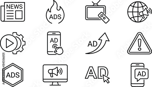 Advertising media line icons set for news ads mobile video promotion warning global marketing campaign digital online internet branding communication