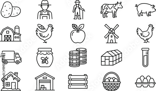Agriculture and farming line icon set featuring farmer livestock crops food production barn transport rural economy concepts