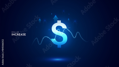 United States Dollar value increase with graph and blue background. Dollar increase vector illustration set. United States Dollar cost increase icon