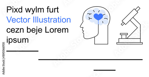Cognitive science, healthcare, neuroscience, medical research, learning, and innovation. Simple graphic of a brain with a heart and a microscope. Cognitive science and healthcare concept