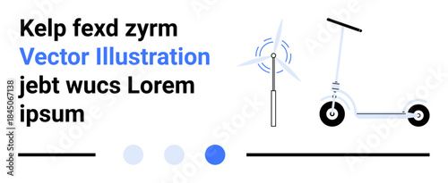 Electric scooter and wind turbine showcasing eco-friendly energy concepts. Ideal for sustainability, renewable energy, transport, clean tech, innovation, urban living, simple landing page