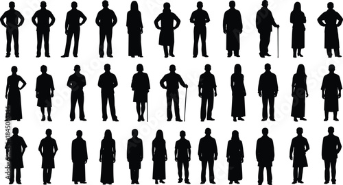 Diverse multi-generational group of adult men and women standing vector silhouettes against a white background representing community, social demographics, privacy, human resource, business staff