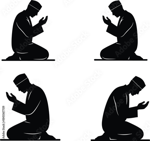 Islamic Prayer Silhouettes Vector Collection: Muslim Men Kneeling in Salah Position, Offering Namaz and Dua, Perfect for Ramadan, Eid, and Religious Design Elements