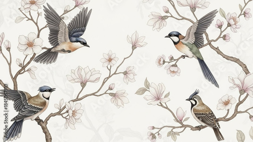 Charming birds perched on blooming magnolia branches delicate watercolor illustration for spring decor and nature themes soft pastel ba