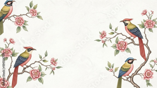 Colorful birds perched on blooming branches traditional Chinese painting style elegant floral illustration for wallpaper or textile des