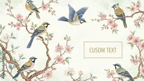 Collection of bluebirds and chickadees perched on blooming cherry blossom branches watercolor illustration for spring and nature themes