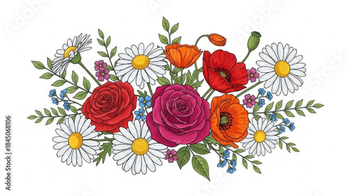 Vibrant floral arrangement with roses poppies and daisies hand-drawn illustration for spring and summer design isolated on white