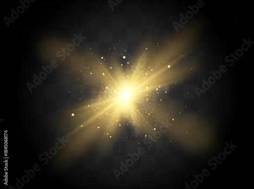 Star burst with sparkles. Light effect. Gold glitter texture.