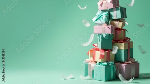 Stack of colorful gift boxes with feathers on a light green background, perfect for celebrations and special occasions.