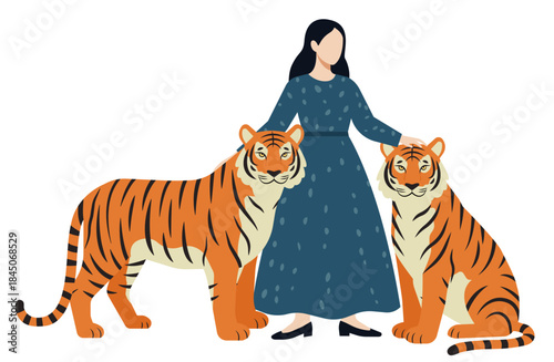 2頭の虎を連れた強さを感じさせる女性のイラスト
