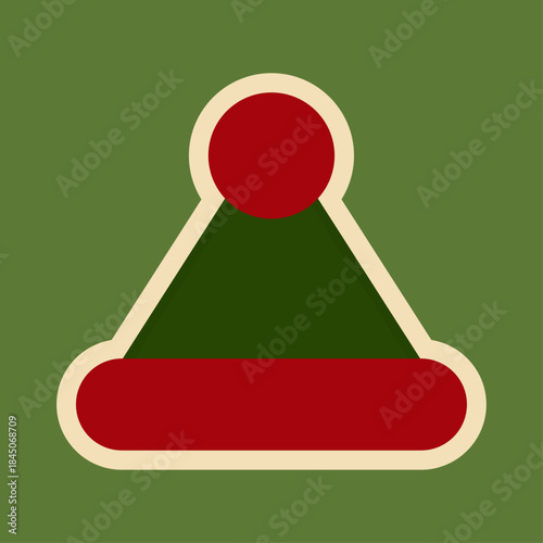 Christmas sticker. Vector illustration. Green Santa hat with a white outline on a green background. New Year's stickers. Bright festive background. Sale banner.