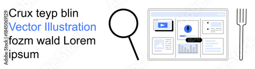 Data analysis, search tools, online research, digital interface, content review, website navigation. Magnifying glass over a digital dashboard with graphs and icons. Data analysis and search tools