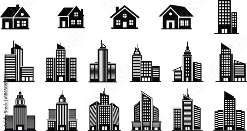  Real Estate Buildings Vector Icon Set Collection, Minimalist Flat Design Cityscape, Skyline, Residential Houses, Modern Commercial Skyscrapers, Apartments, Property, Architecture, Mortgage, 