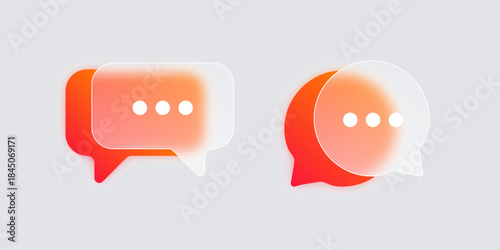 Modern liquid glass interface speech bubbles. Chat symbols in glassmorphism with gradient, blur and transparency. Dialogue boxes, chatting, and talking. Vector illustration.