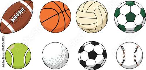 Vector Collection of Eight Popular Sport Balls Including American Football, Basketball, Volleyball, Soccer, Tennis, Golf, Baseball, and Football Illustration Set for Game Design