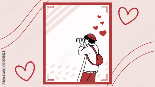 Valentine Photo Frame with Photographer – Love and Travel Camera Illustration