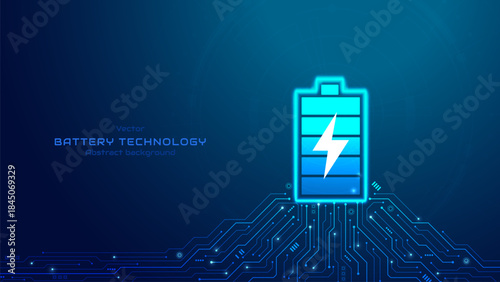 Concept of battery technology. Battery icon on futuristic circuit background. Future EV energy storage and future EV energy storage. Vector illustration.
