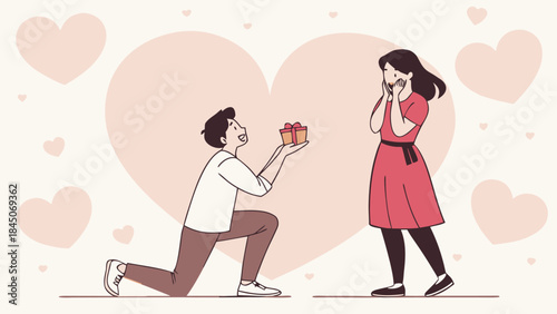  Marriage Proposal with Gift Box – Man on Knee Surprising Girlfriend Illustration