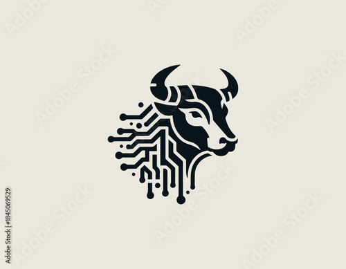 Powerful bull represents advanced technology strength in modern bold black vector logo illustration