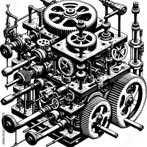Complex Gear Mechanism: A meticulously crafted illustration reveals an intricate gear mechanism, showcasing the marvel of engineering and mechanical design.