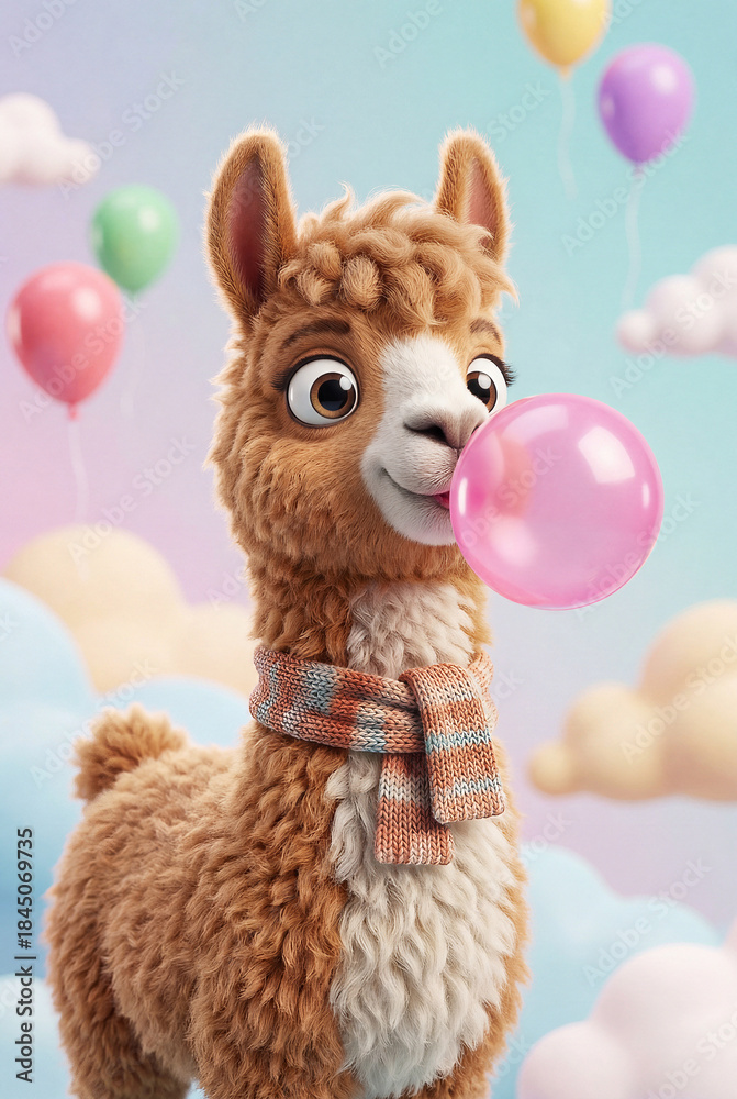 Fototapeta premium Fluffy Adorable Llama Blowing Bubblegum