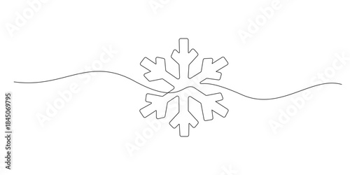 Continuous line drawing snowflake icon. One line drawing minimalist winter symbol to depict cold weather, ice, purity, symmetry, and seasonal design.