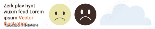 Emotional states, mental health, moods, depression, sadness, weather symbolism. Two sad face emoticons and a simple cloud in a neutral background. Emotional states and mental health concept
