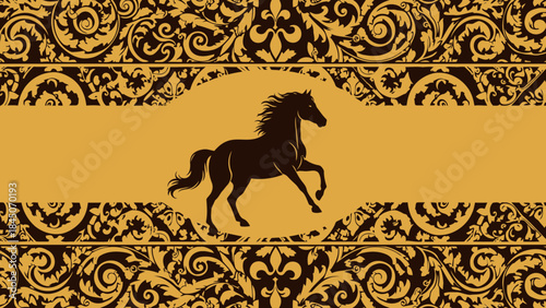Rearing Horse Silhouette Golden Ornate Vintage Banner Illustration