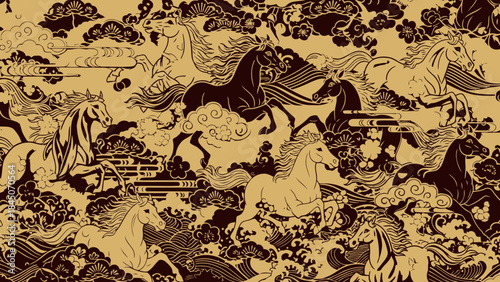 Seamless Pattern of Japanese Mythical Horses Galloping through Clouds and Waves