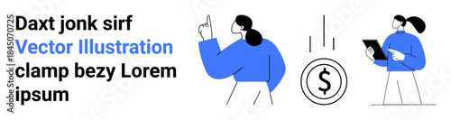 Business strategy, financial planning, teamwork, decision-making, monetary growth, collaboration. Two people in professional poses with a dollar sign. Business strategy and financial planning concept