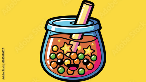 Cartoon illustration of a bubble tea drink with a straw and a smiling face.