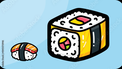 Cartoon illustration of two pieces of sushi on a light blue background.