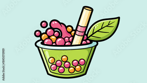 Illustration of a bubble tea drink with tapioca pearls, straw, and a green leaf.